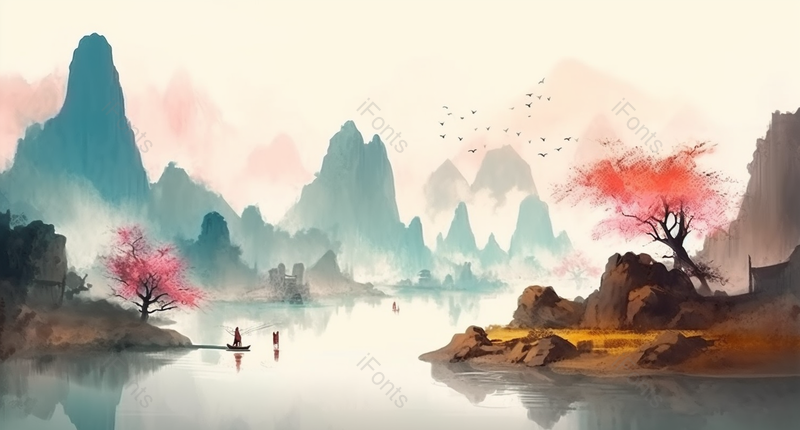 新中式水彩山水唯美风景背景图,插画/手绘图,插画/手绘图库,插画/手绘图下载,插画/手绘